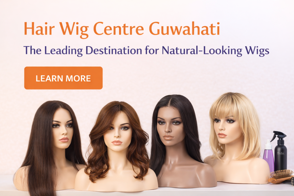 Hair Wig Centre Guwahati showcasing mannequins with diverse wig styles, featuring long sleek brown, wavy red, jet-black lace front, and chic textured blonde wigs, with a "LEARN MORE" call to action.