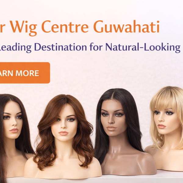 Hair Wig Centre Guwahati showcasing mannequins with diverse wig styles, featuring long sleek brown, wavy red, jet-black lace front, and chic textured blonde wigs, with a "LEARN MORE" call to action.