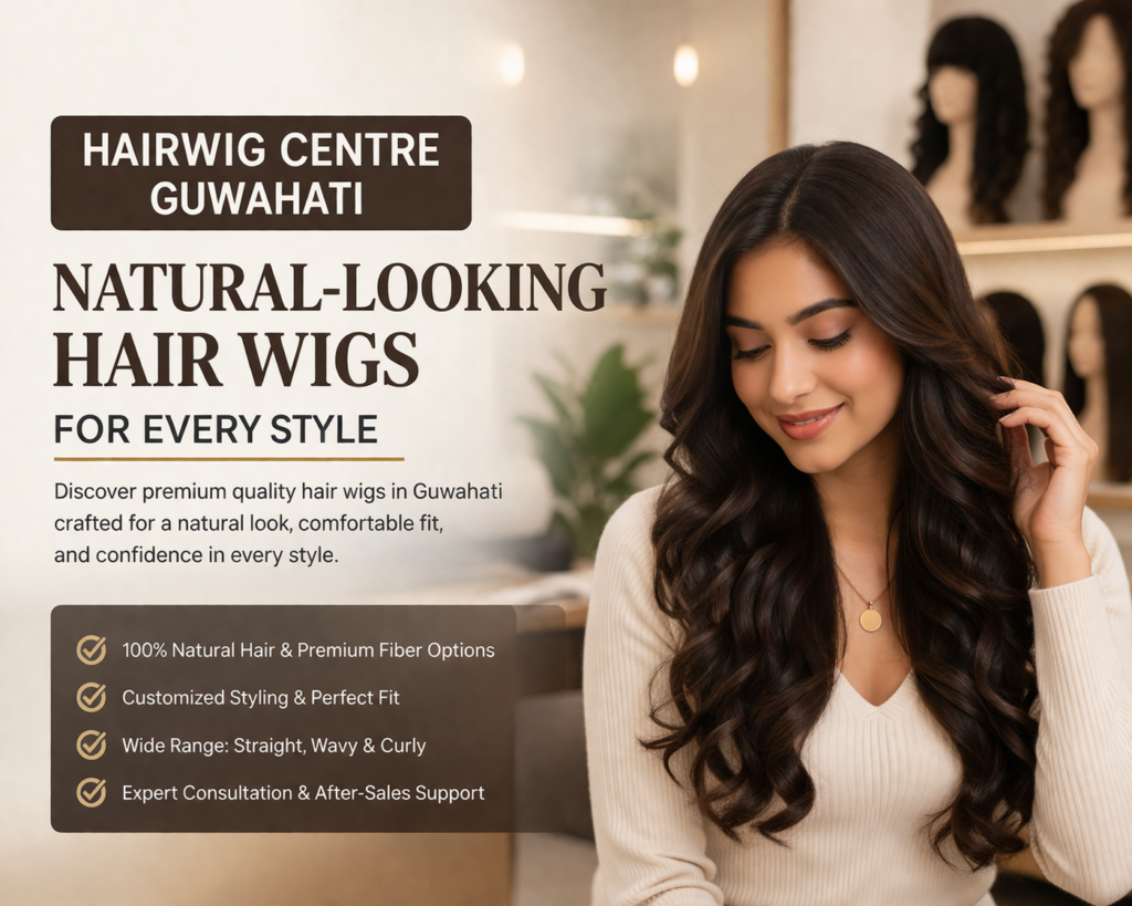 A promotional image showcasing a woman with wavy hair, smiling, next to a banner highlighting the natural-looking, customizable hair wigs at Hairwig Centre Guwahati. The image emphasizes premium quality hair wigs in various styles.