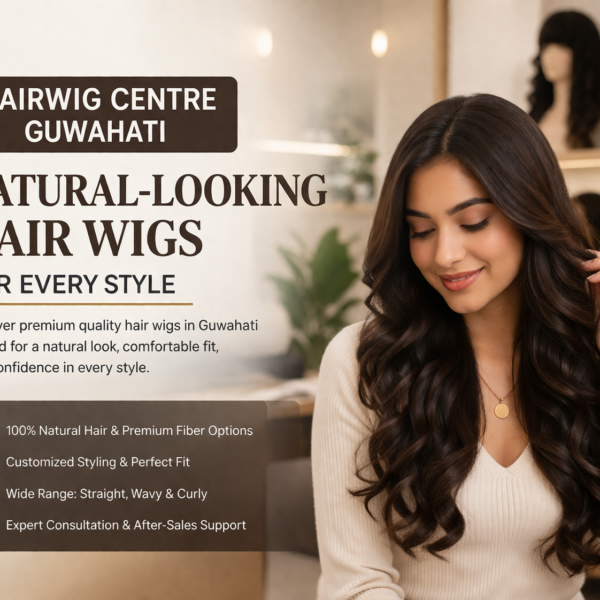 A promotional image showcasing a woman with wavy hair, smiling, next to a banner highlighting the natural-looking, customizable hair wigs at Hairwig Centre Guwahati. The image emphasizes premium quality hair wigs in various styles.