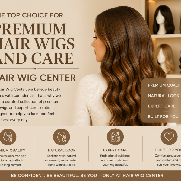 Elegant promotional banner for Hair Wig Center showcasing premium hair wigs, expert care, and a natural look. Features product highlights and a serene portrait of a woman with a wig.