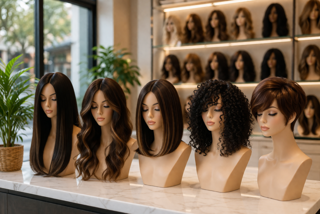 A row of mannequin busts showcasing diverse wig styles in a cozy wig boutique in Guwahati.