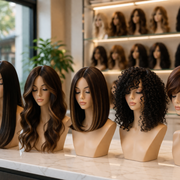 A row of mannequin busts showcasing diverse wig styles in a cozy wig boutique in Guwahati.