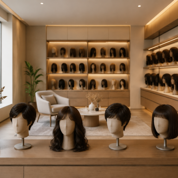 Modern hair wig salon interior with wig displays, styling stations, and cozy seating