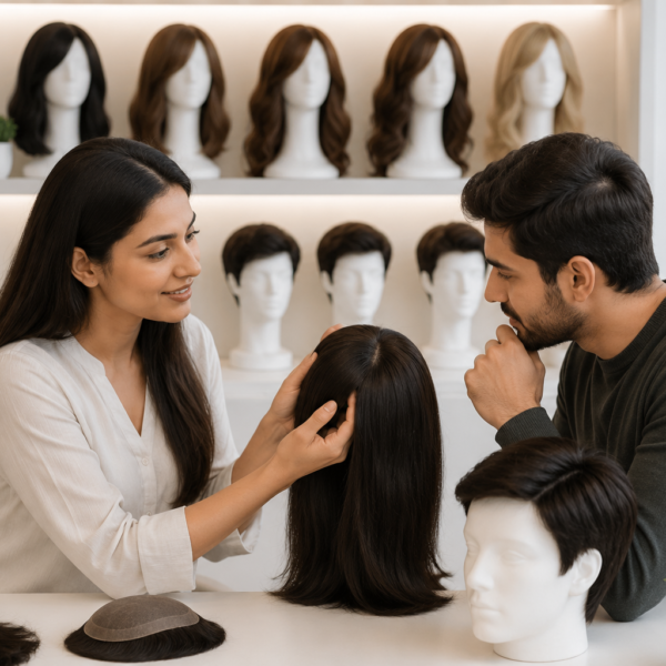 Professional hair wig consultation with natural looking wigs for men and women in a modern salon