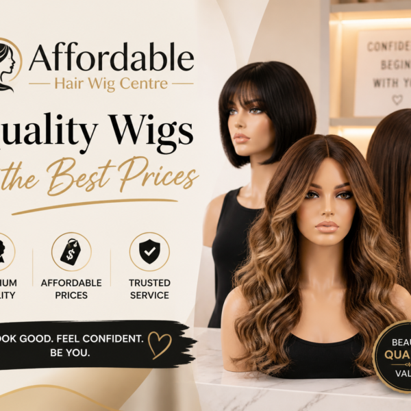Stylish and modern display of wigs at Affordable Hair Wig Centre showcasing premium quality wigs at the best prices with modern typography and soft lighting.