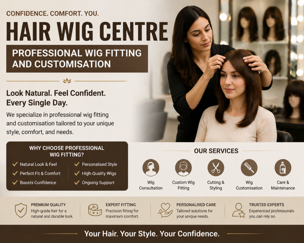 Hair Wig Centre – Professional Wig Fitting and Customisation showing expert wig fitting and customisation services in a modern salon