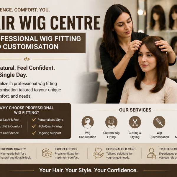 Hair Wig Centre – Professional Wig Fitting and Customisation showing expert wig fitting and customisation services in a modern salon