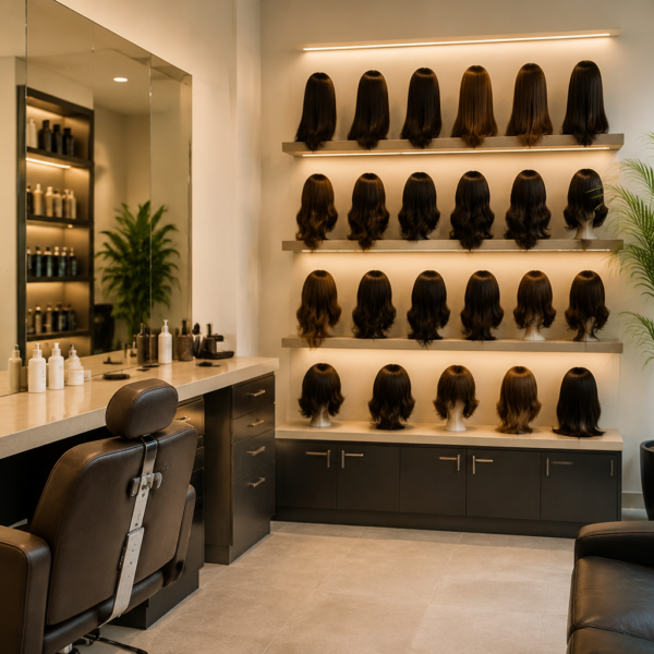 Modern hair wig studio interior with wig display shelves, salon chairs, mirrors, and professional hair replacement setup