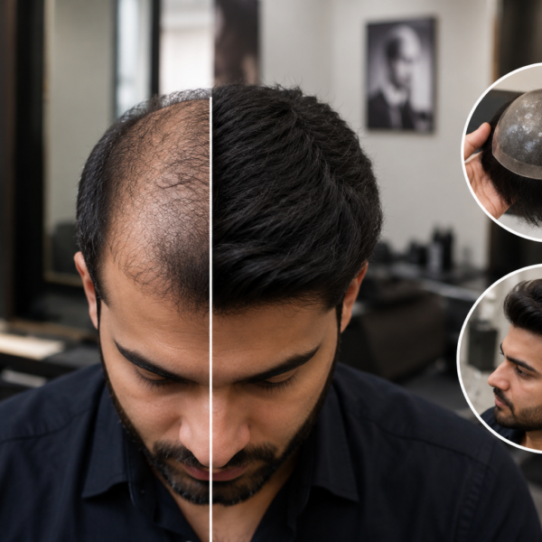 Before and after non-surgical hair replacement transformation using natural hair patch solution in Guwahati