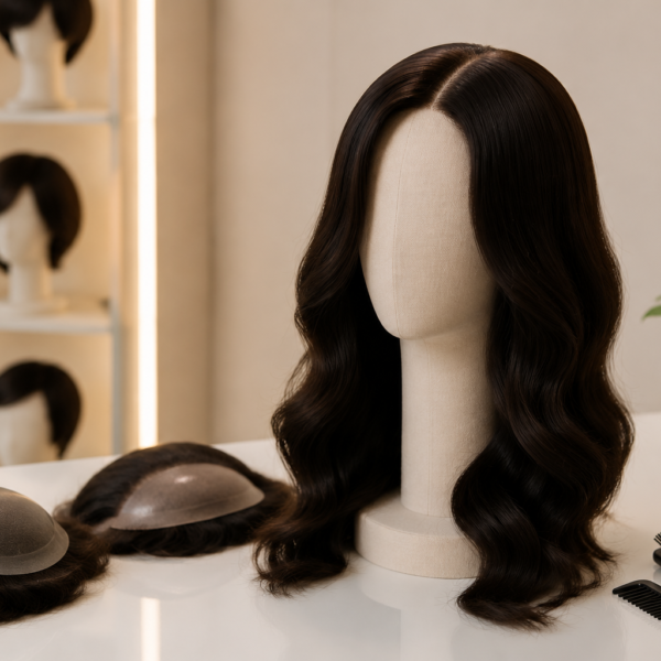 Premium natural-looking hair wigs displayed in a professional wig center in Guwahati for hair replacement and hair loss solutions.