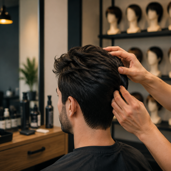 Hair replacement consultation and styling session at Hair Wig Center showing professional hair fixing service in a modern salon