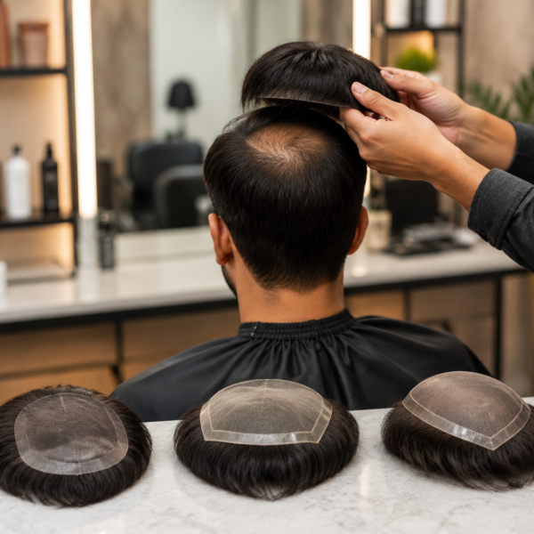 Hair wig specialist applying hair patch on client showing non-surgical hair replacement solution at professional salon in Guwahati